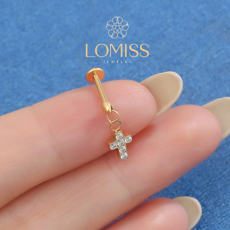 Piercing Labret Titânio PVD Pingente Cruz com Zircônia《Lomiss semijoias》