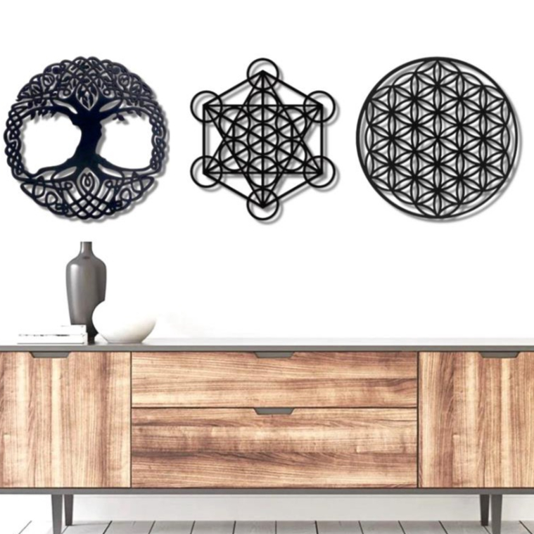 Trio de quadros vazados geometria sagrada cubo metatron flor da vida arvore da vida