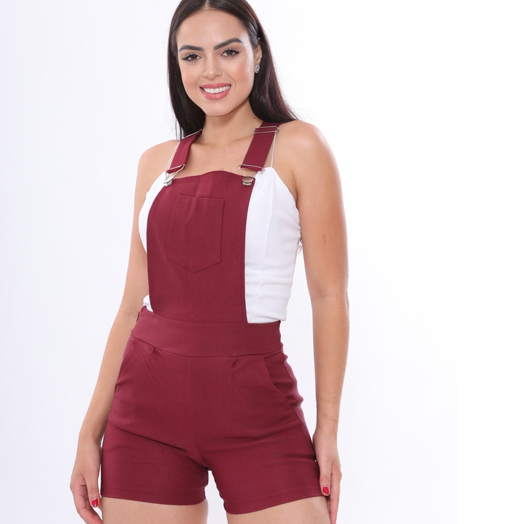 Macaquinho Curto Feminino Macacão Bengaline Jardineira Suspensorio Alça