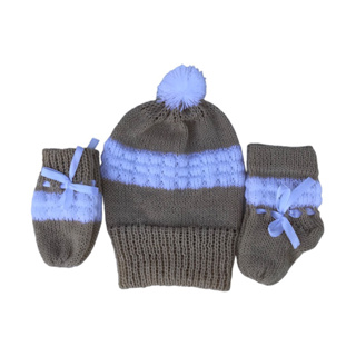 Kit de Bebê com Touca, Luva e Sapatinho Bege com Branco Tricô em Oferta na Shopee