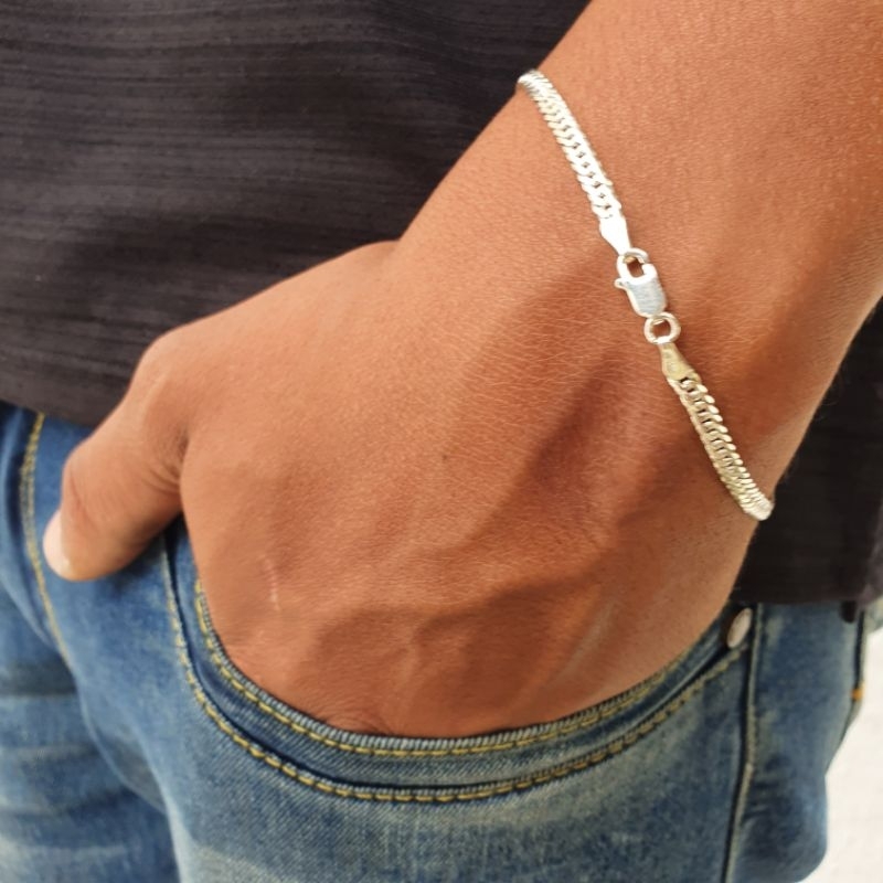 Pulseira masculina Grumet elo Duplo escama de peixe 3mm 21cm prata 925 legítima
