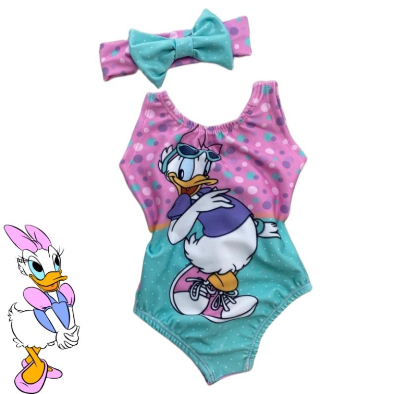 Maiô Natação Infantil Menina Body Bebê Moda Praia Piscina Tiara Personagens Minnie Turma da Monica