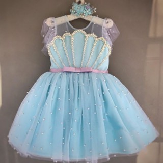 Vestido Fundo do Mar Azul de Pérolas Luxo - 1,2,3 e 4 anos