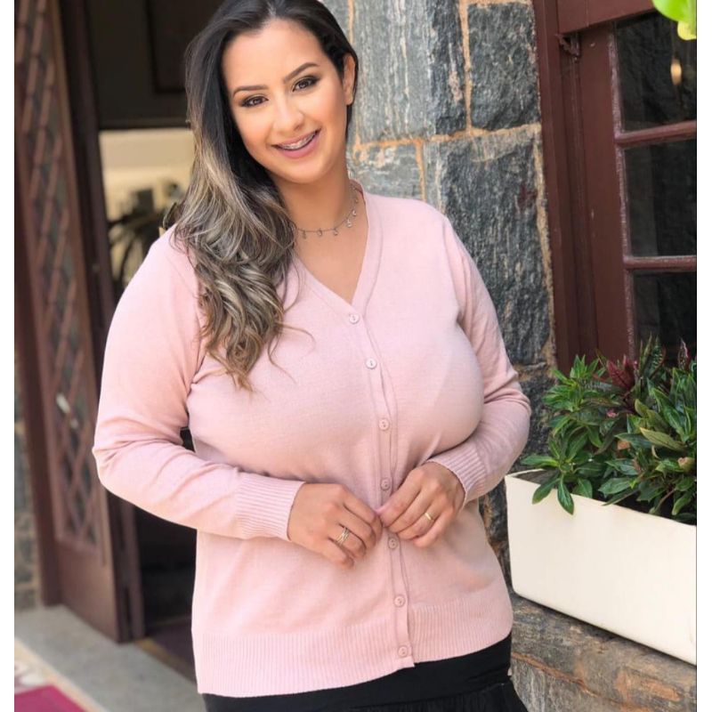 casaco de tricô cardigan plus size feminino de frio liso  básica com fechamento em botão 0327 em Oferta na Shopee
