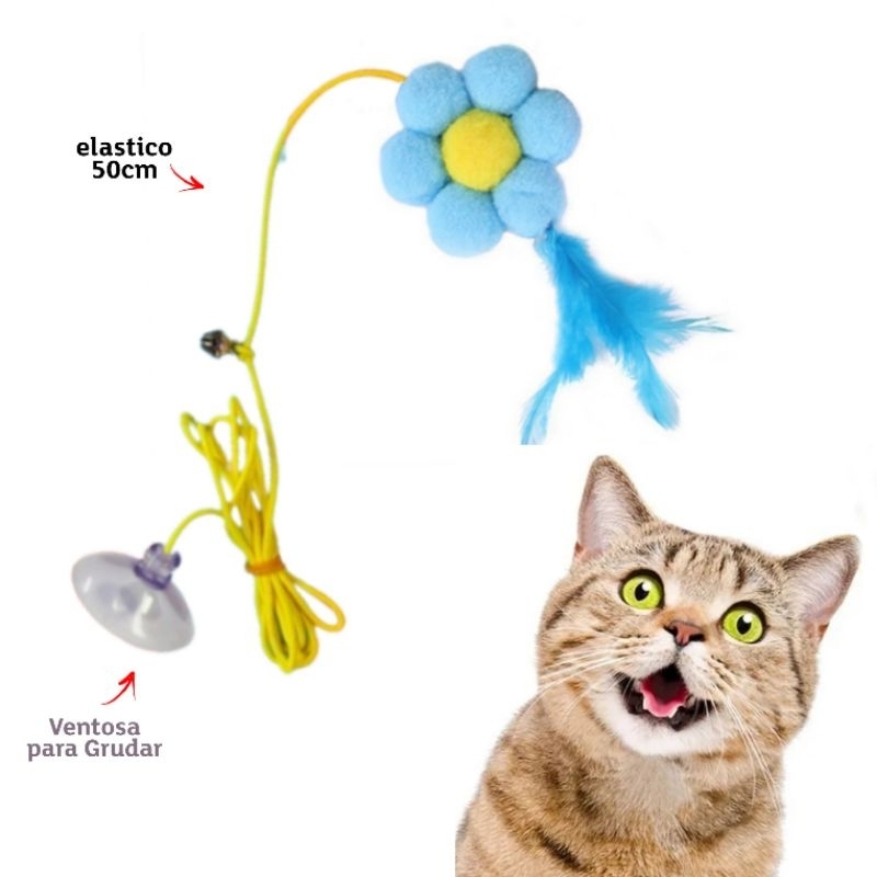 Brinquedo de grudar para Gato - flor pompom c/elastico e ventosa com som diversão garantida