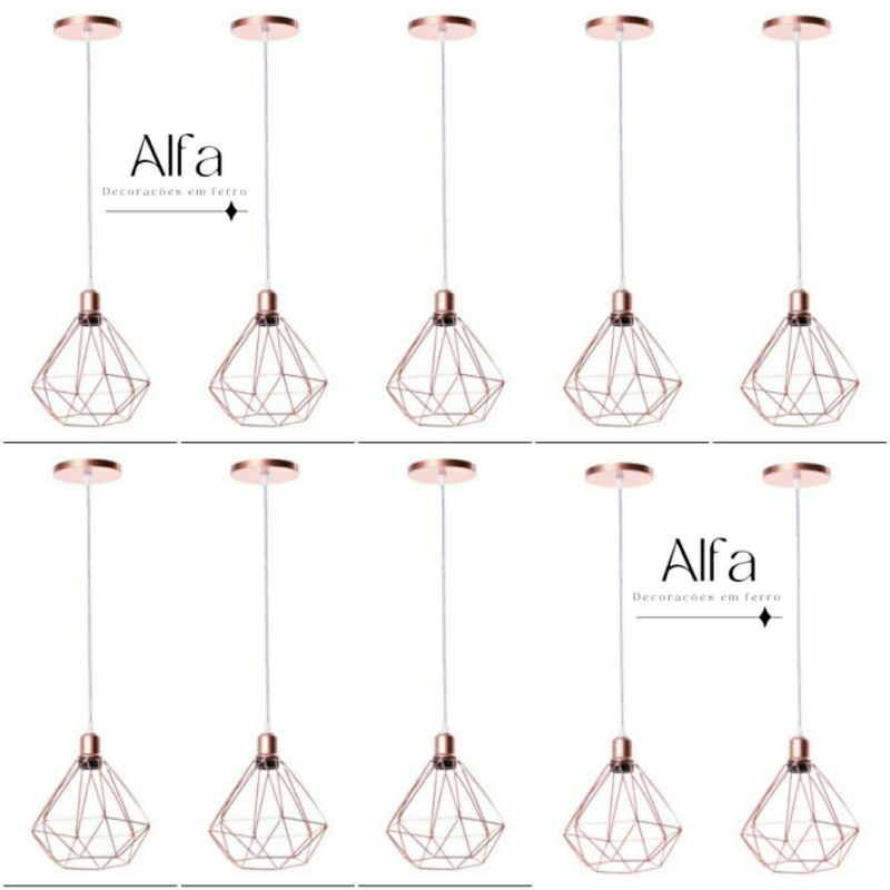 kit 10 Pendente Diamante Aramado Rose Gold Cabo Cristal