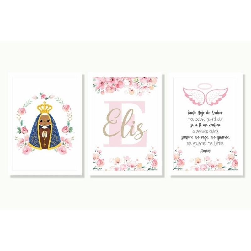 Placa Quadro Decorativo MDF 3 Peças Personalizada Infantil Menina Nossa Senhora Aparecida Santo Anjo do Senhor