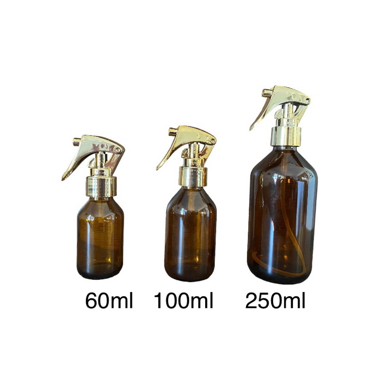01 frasco vidro âmbar com válvula mini gatilho luxo - prata ou dourada e volume 60, 100 ou 250ml em Oferta na Shopee