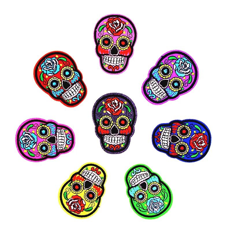 kit 5 Adesivo de Roupa Aplique Patch Bordado Termocolante Caveira Mexicana Preta