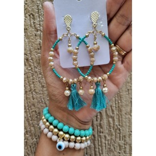 Brinco e pulseira CJ olho grego e tassel