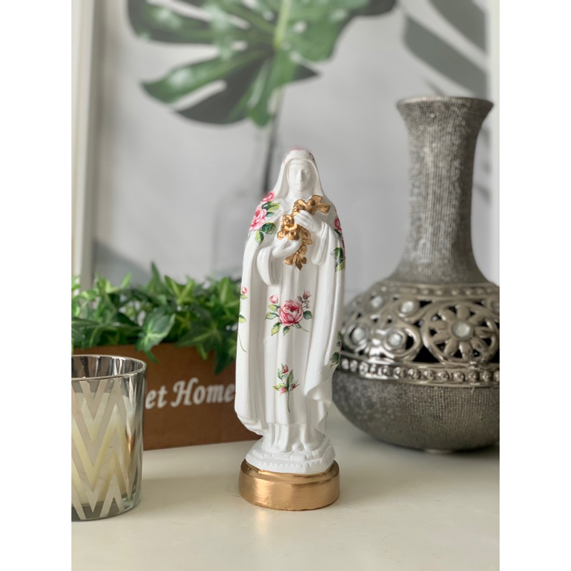 imagem santa Teresinha 20 cm manto mini Flor rosa dourada gesso em Oferta na Shopee