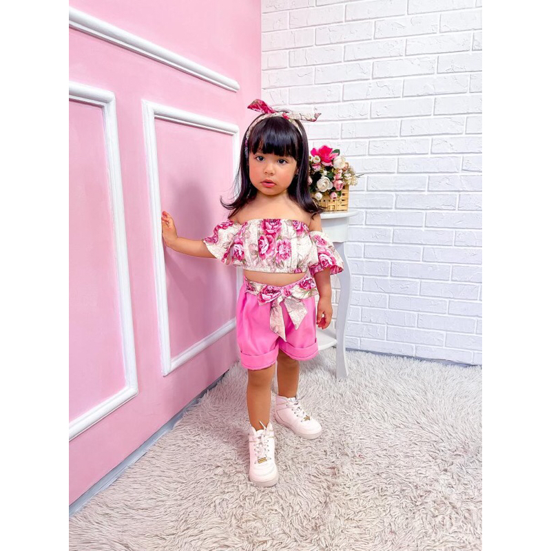 Conjunto Infantil Menina Conjunto Feminino Baby Short Cropped e Tiara Conjunto Verao