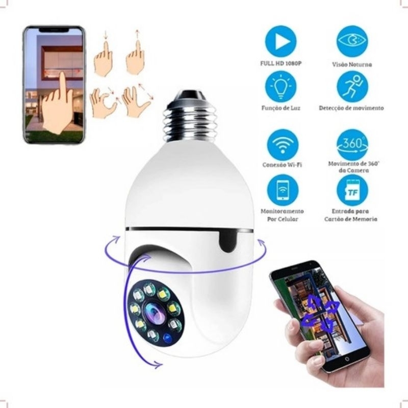 Câmera IP 360° graus Panorâmica Wi-Fi/ Câmera de Vigilância E27 200w/ Visão Noturna/ Automática/ Zoom