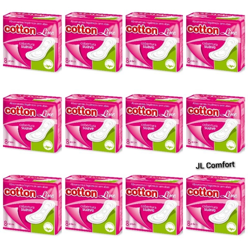 Kit Absorvente Cotton Line sem Abas Cobertura Suave 12 pct com 8 unidades cada