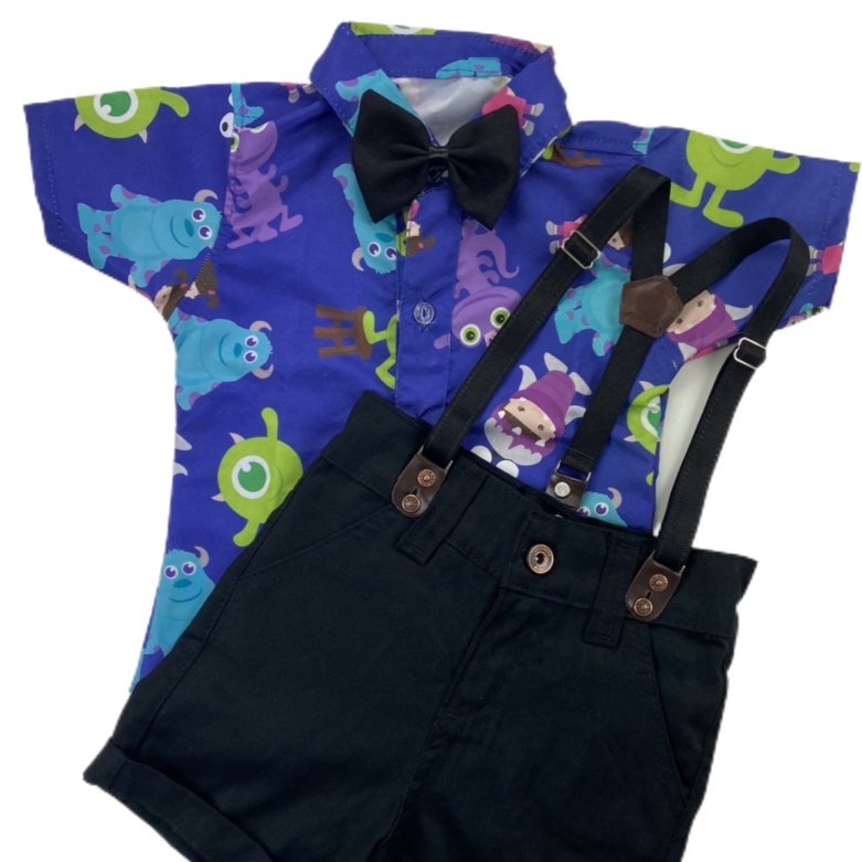conjunto MONSTROS SA temático para menino - acompanha suspensório e gravata roupa de bebê