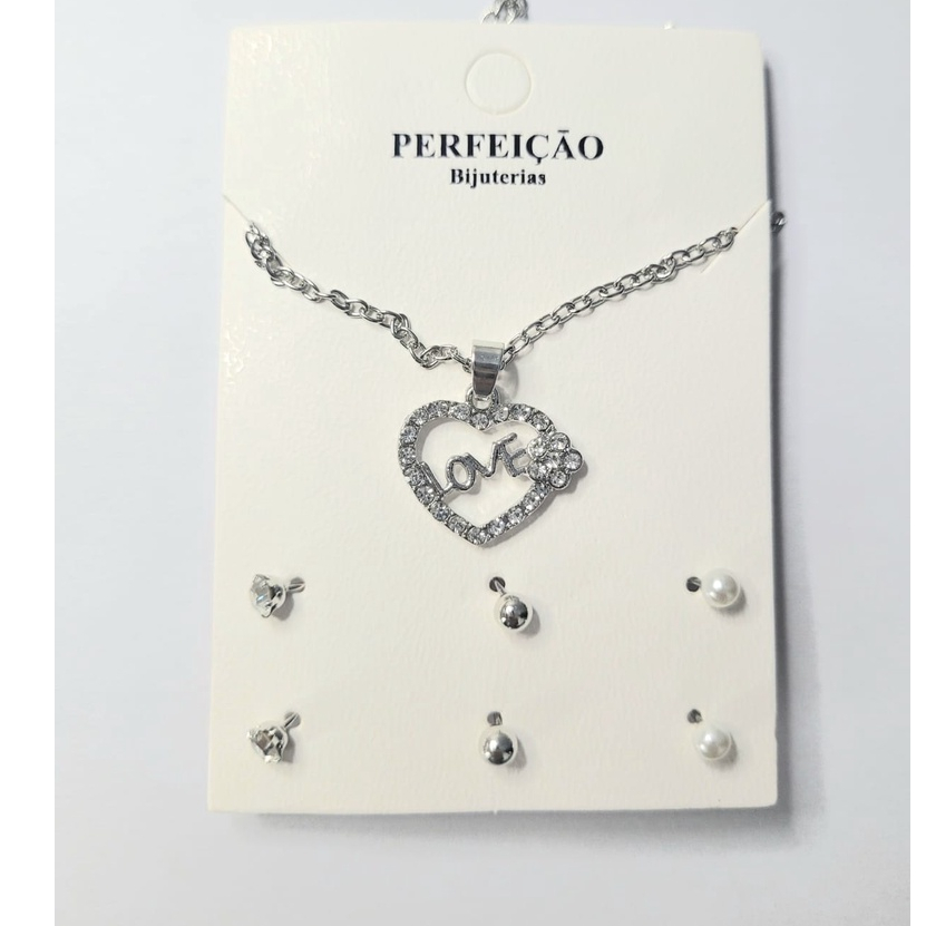 Kit Corrente Coração Love strass Com 3 Pares de Brincos Bijuteria.( Dourado ou prateado).