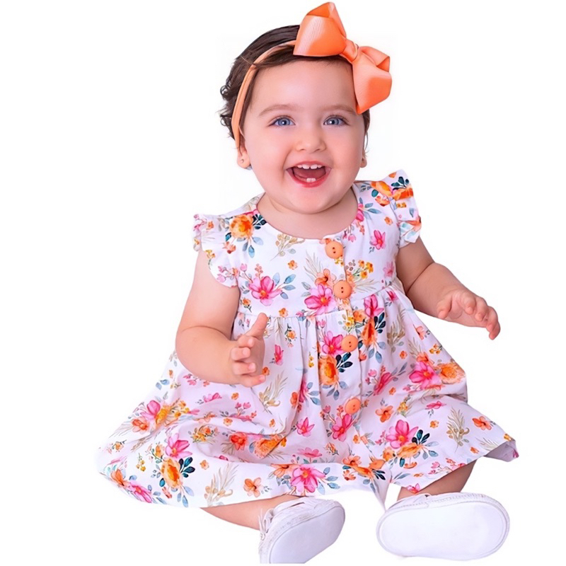 Vestido de Bebê Menina Infantil Floral Laranja Luxo 100% Algodão - Mundo Nina