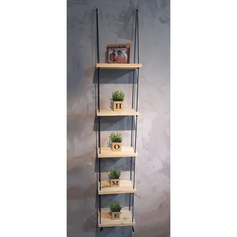 Prateleira Madeira Rústica 5 Andares Suspensa Estante Nicho Suculentas Plantas Decorativa Sala Cozinha Banheiro Sacada