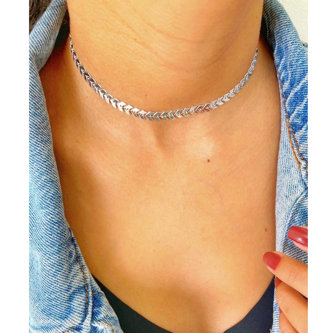 Colar Choker Escama de Peixe Feminino Corrente Folheado a Prata 925