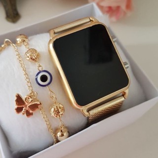 Relógio Feminino Led Kit Quadrado Com Caixa cores dourado rose