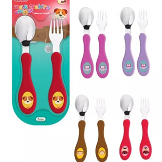 Kit De Talher Infantil Bebe com Colher E Garfo Animais Em Inox Não Machuca