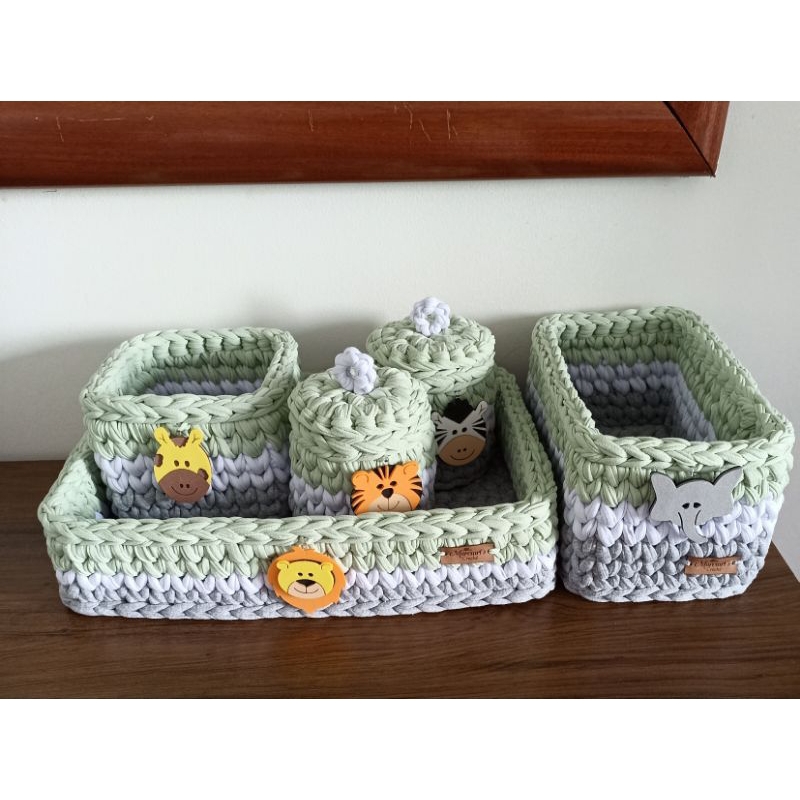 kit higiene bebê 5 pçs tema "safari" fio de malha