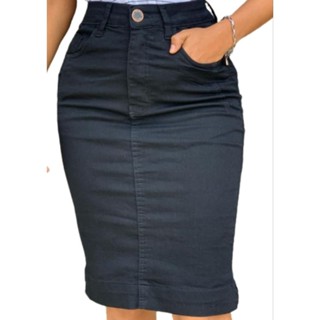 Saia Jeans Midi Preta Moda Evangélica Cintura Alta/com Bolso frontal