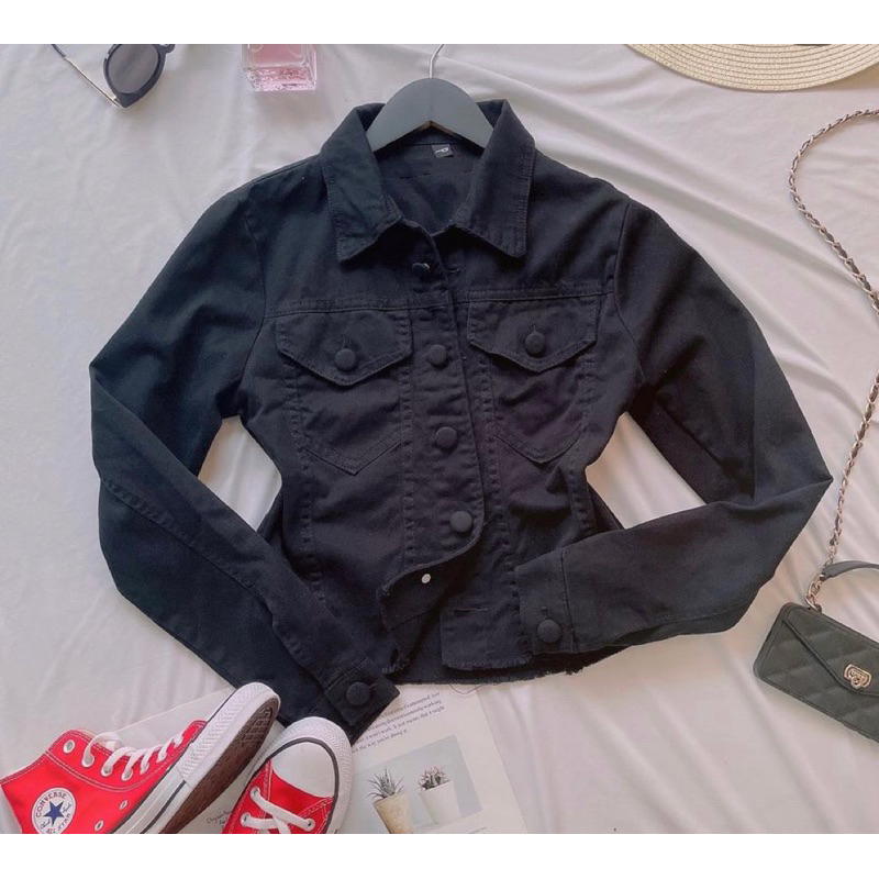 Jaqueta Jeans feminina preto manga longa 2023 em Oferta na Shopee