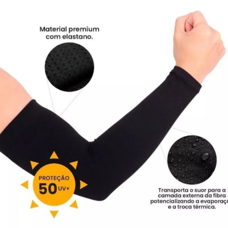 Manguito Mangote Preto Proteção Solar UV Unissex Esportivo – 1 Par | Secagem Rápida e Confortável