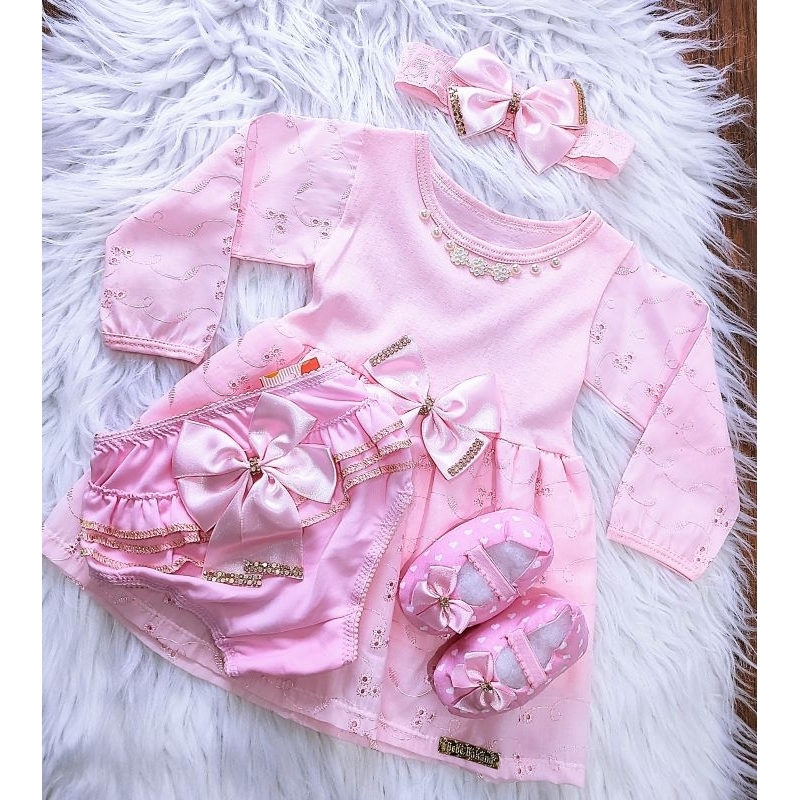 vestido para bebê com laço sapatinho e calcinha tapa fralda 4 peças. em Oferta na Shopee