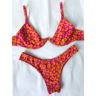 Biquíni Aro Inteiro Onça Rosa Com Laranja Empina Bumbum