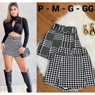 Short Saia Pied Poule Gringa Moda Outono Inverno Cós Alto