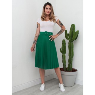 saia plissada midi moda evangélica com cinto modelagem possuí forro cod124