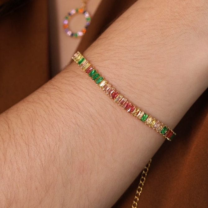 Pulseira Baguete Colorida Banhado a Ouro 18k
