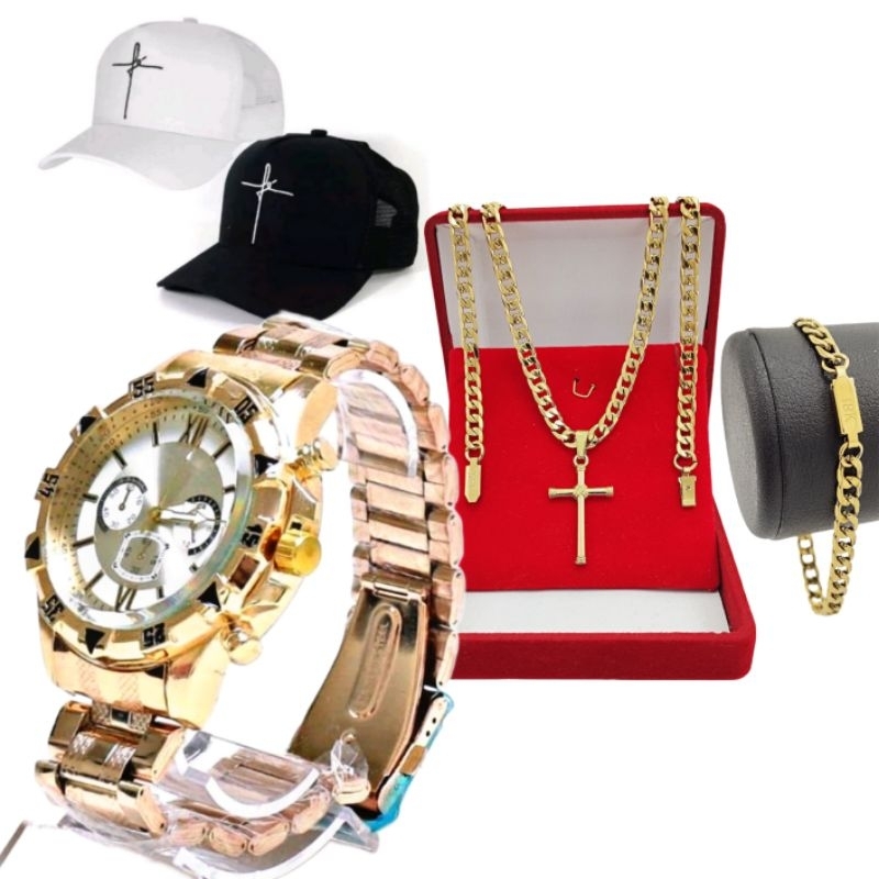 Kit Masculino Presente Relogio Masculino Dourado Boné Corrente Cruz 18k e pulseira Menor preço o ano
