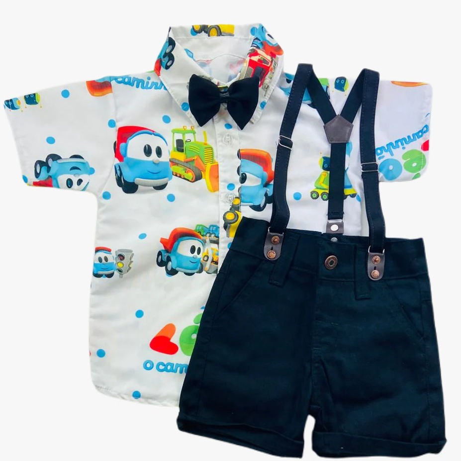 Conjunto LÉO CAMINHÃO temático menino bebe. Acompanha bermuda, suspensório e gravata