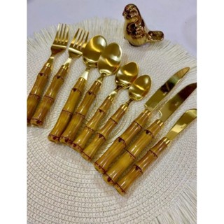 6 Talheres De Aço Inox C/ Cabo Plástico Bambu Dourado