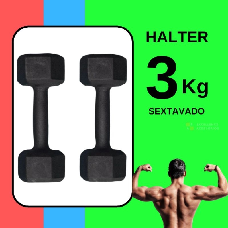 Halter par sextavado 3kg total 6kg pintado preto dumbbell halteres