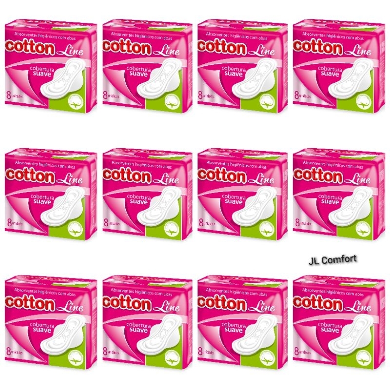 Kit Absorvente Cotton Line com Abas Cobertura Suave 12 pct com 8 unidades cada.