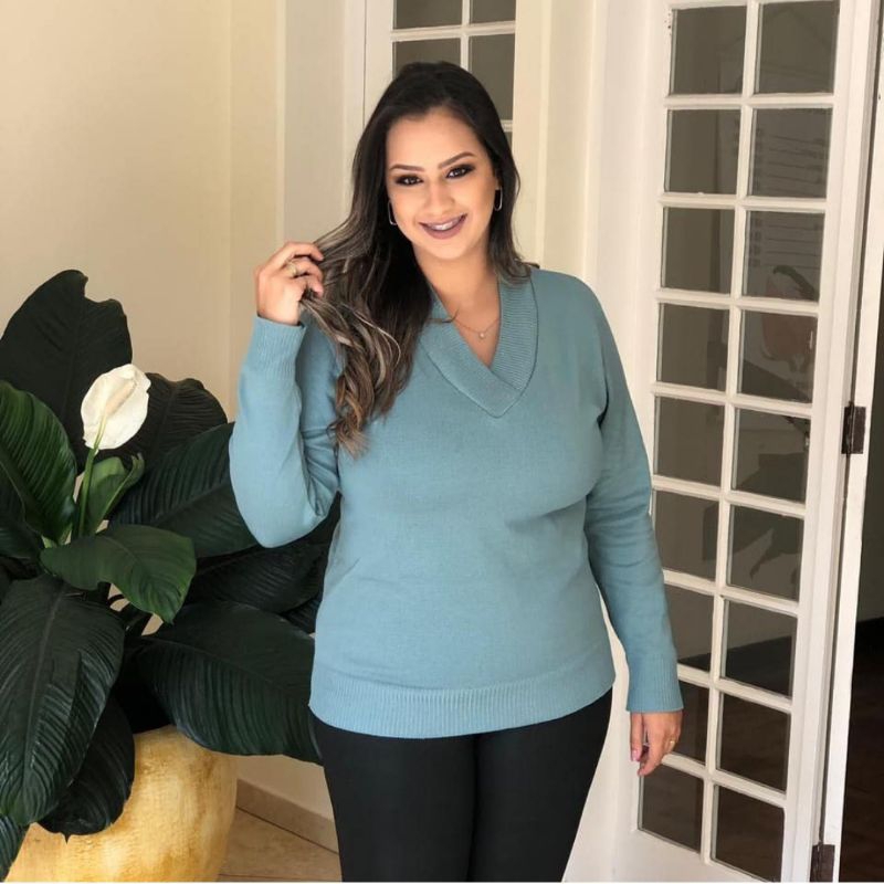 blusa de tricôt plus size feminina de frio liso Básica Gola V manga comprido 0334 em Oferta na Shopee
