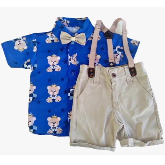conjunto temático URSO PRÍNCIPE para menino - acompanha suspensório e gravata