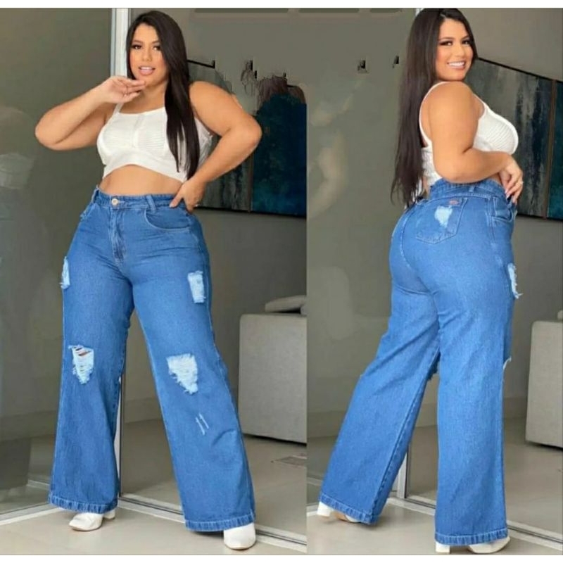CALÇA JEANS WIDE LEG PLUS SIZE WID LEG  ESCURA PANTALONA CLARA RASGADA 46 AO 56
