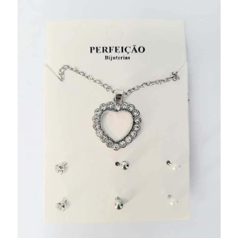 Kit Corrente Coração Strass + 3 Pares de Brincos Bijuteria (Dourado ou Prateado)