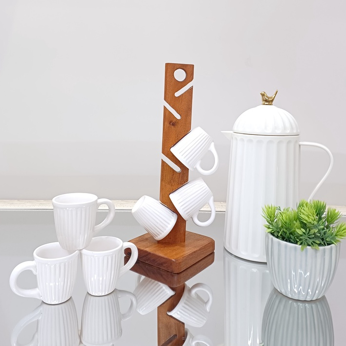 Kit Jogo de Xicaras para Café chá caneca chicara Conjunto com 6 unidades 70 ml em Cerâmica ou Porcelana (Branca Lisa) + Suporte Pedestal em Madeira Decoração para cantinho do Café nas Cores Preto Preta, Branca, Rosa, Vermelha, Amarelo