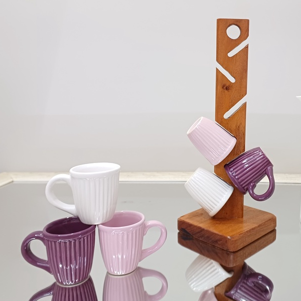 Kit 6 Unidades Jogo de Xicaras para Café chá caneca chicara 70 ml em Cerâmica ou Porcelana (Branca Lisa) + Suporte Pedestal em Madeira Decoração para cantinho do Café nas Cores Preto Preta, Branca, Rosa, Vermelha