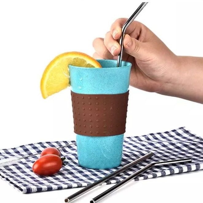 Canudo de Aço Inox Reutilizável Para Drinks Curvo Reto Escova de Limpeza Prata