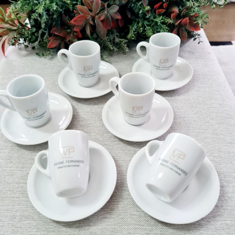 Conjunto de Xícaras, canecas de Chá/Capuccino Gênova personalizadas, capacidade  150ml (06 xícaras e 06 pires) personalizada em UM LADO