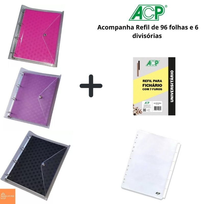 Fichário argolado Universitário com Botão Poa com bloco de folhas e divisórias ACP em Oferta na Shopee