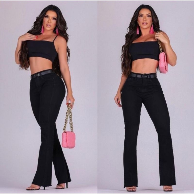 calça jeans feminina flaer preta wissam jeans