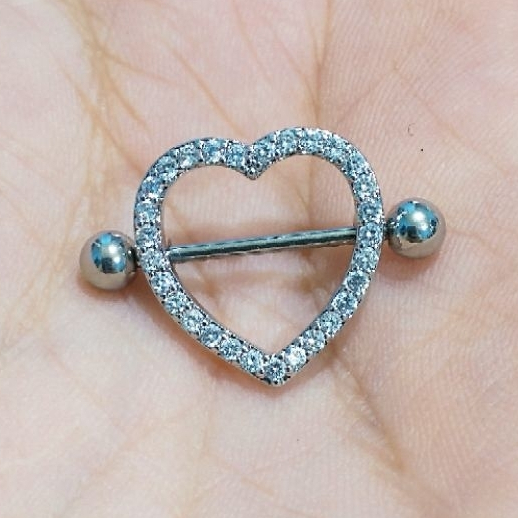 piercing mamilo coração vazado 16mm c/ pedrinhas zirconia cravejada aço 1 unid brilho intimo peito